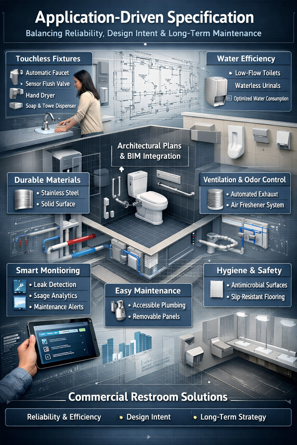 Commercial restroom environments illustrating application suitability of touchless faucet systems in institutional and hospitality projects